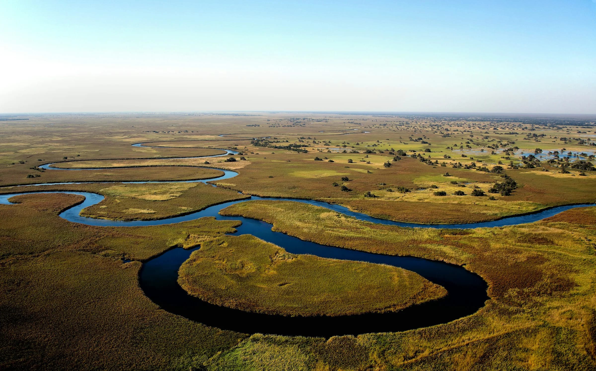 Ein Fluss, der sich in einer weiten Schleife durch grüne und goldene Überschwemmungsebenen zieht, aus der Luft unter klarem Himmel.