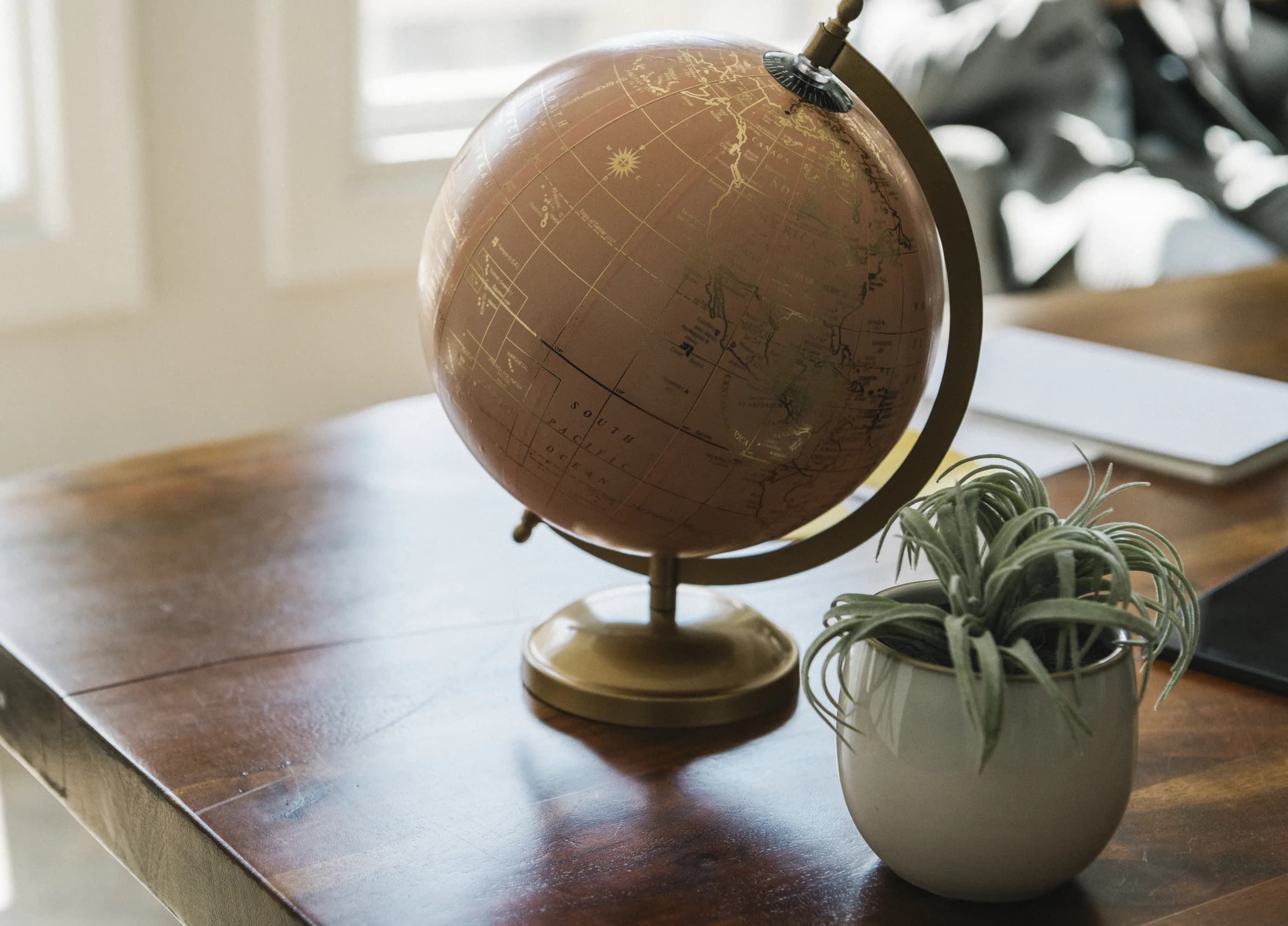 A desk globe with gold meridians beside a small potted air plant on a dark wooden table.